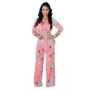 2XL Women's V-Neck High Waist Wide Leg Print Jumpsuit with Belt - NWT